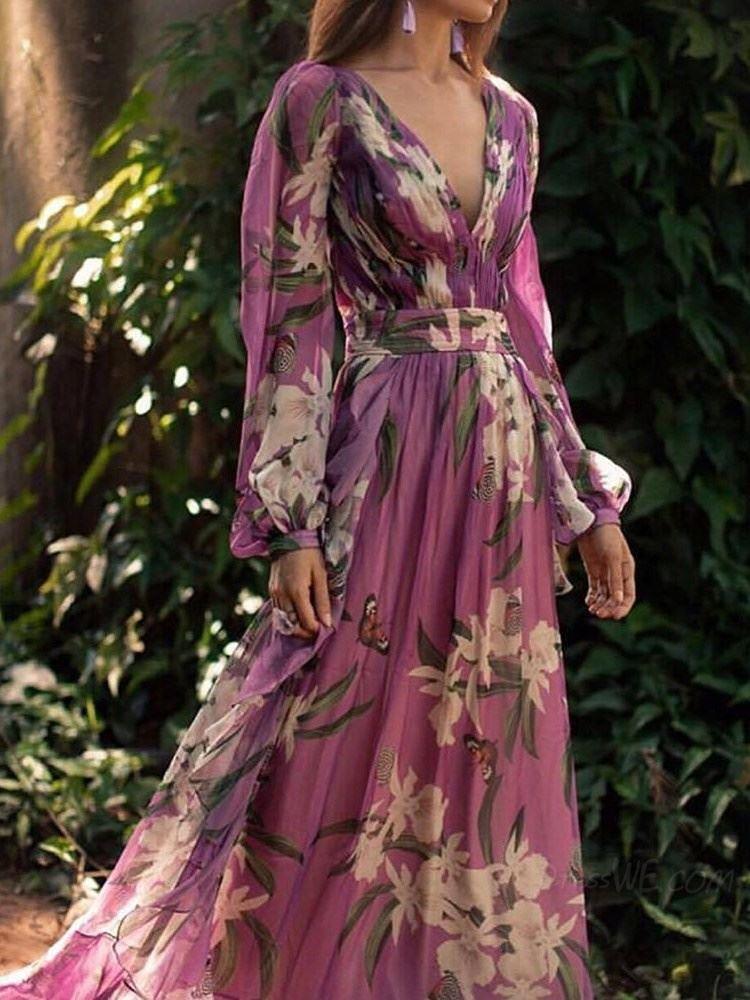 Meselling99 Purple Flower Print Long Sleeves V-neck Bohemia Maxi Dresses-Maxi Dresses-Free Shipping at meselling99