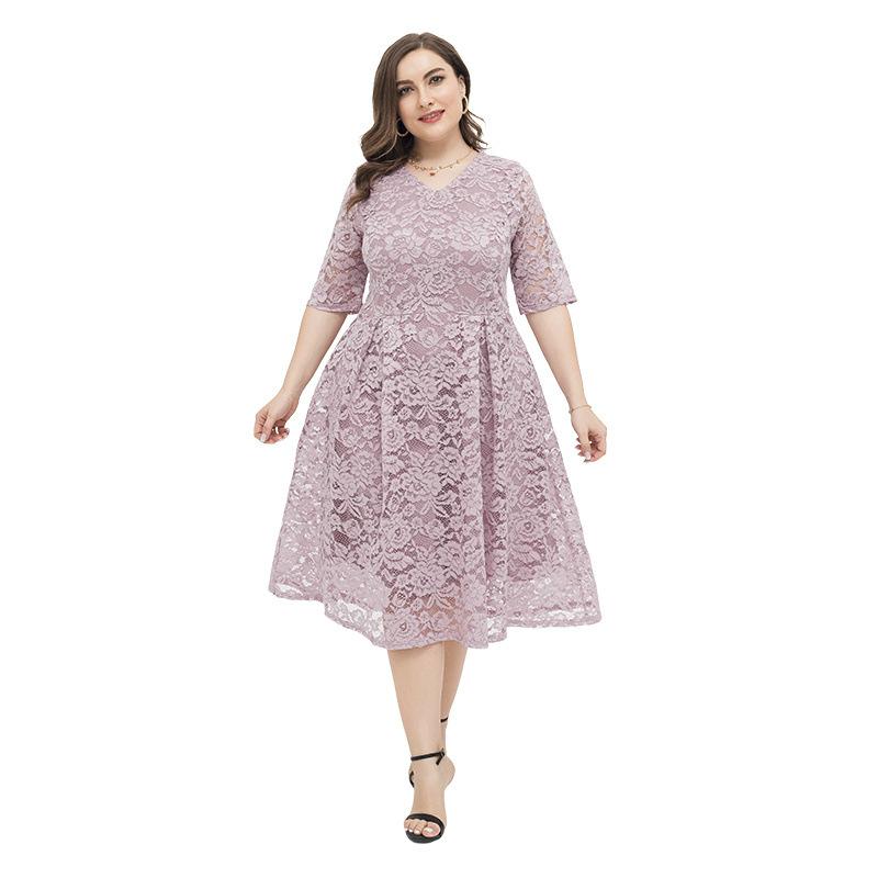 Women Plus Sizes Lace Short Sleeve Dresses-Plus Size Dresses-Pink-XL-Free Shipping at meselling99