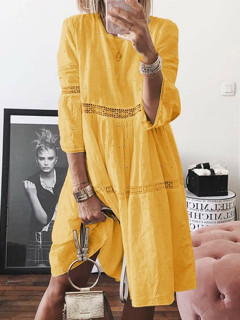 Women Joint Embroidery Daily Dresses-Casual Dresses-Yellow-S-Free Shipping at meselling99