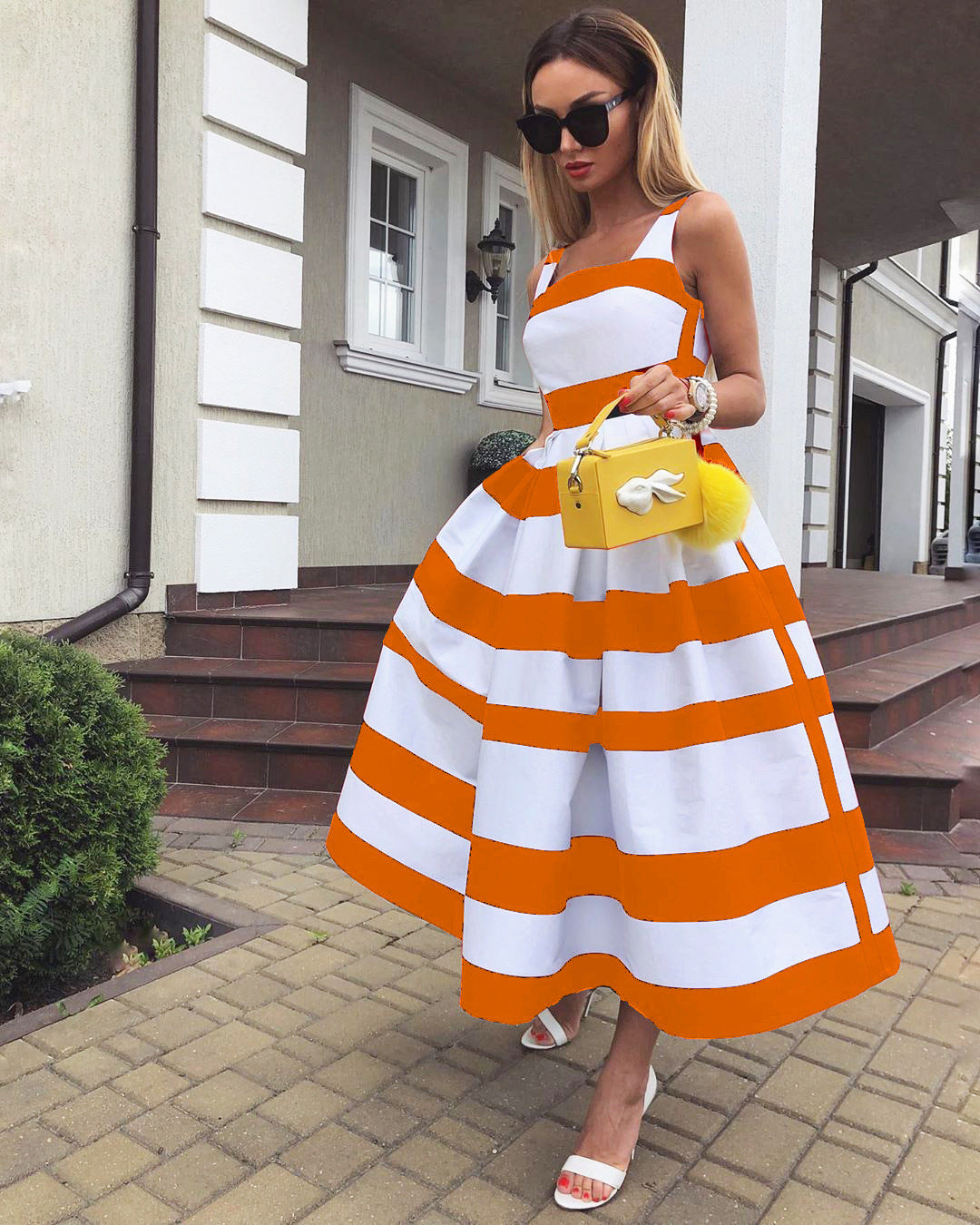Summer Women Striped Strap Fashion Midi Dresses-Orange-S-Free Shipping at meselling99