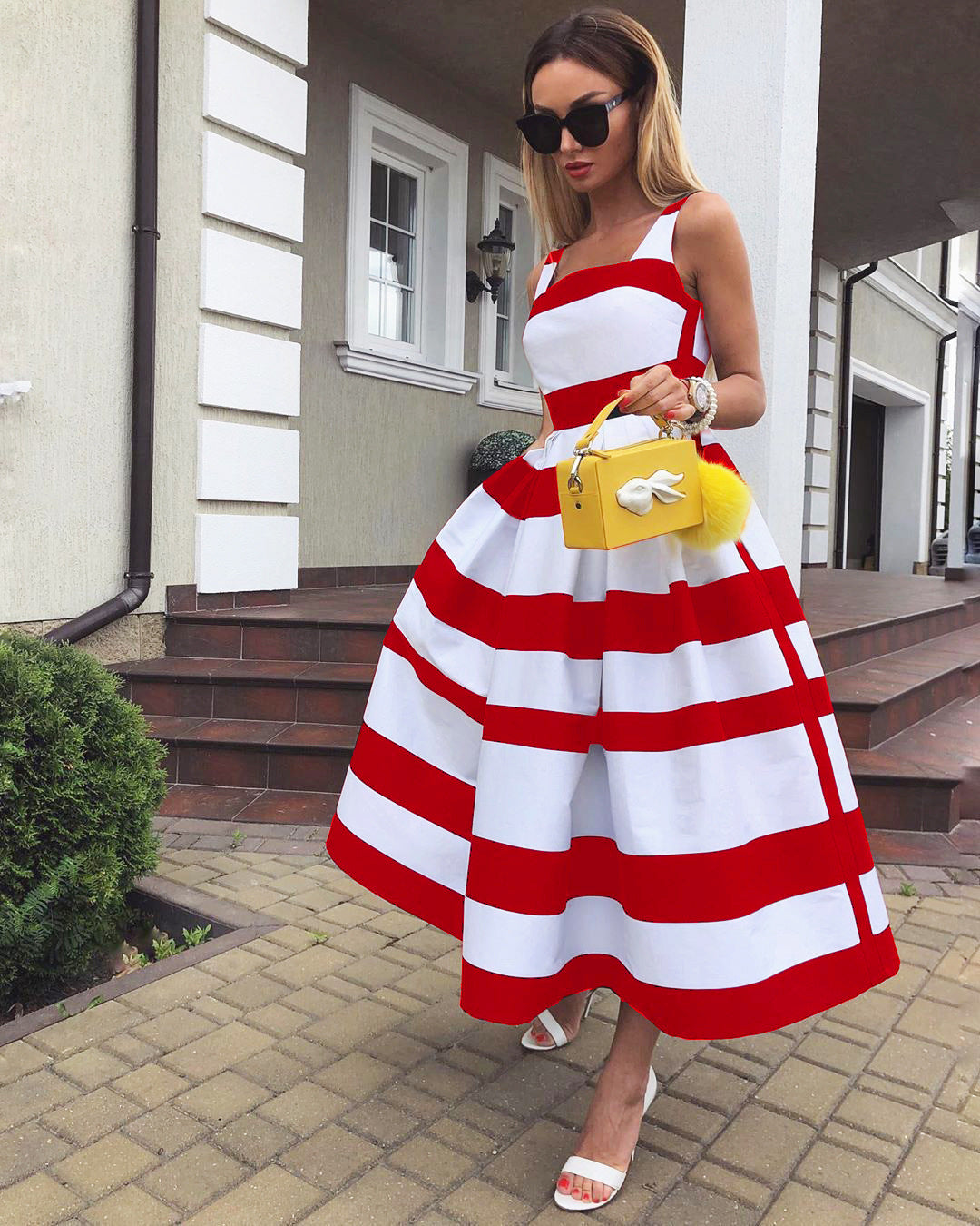 Summer Women Striped Strap Fashion Midi Dresses-Red-S-Free Shipping at meselling99