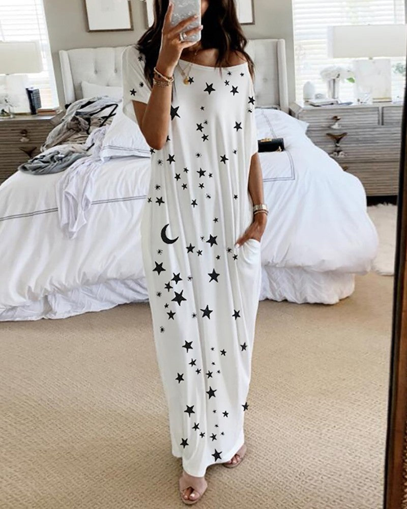 Casual Star & Moon Design Long Maxi Dresses-Dresses-White Star-S-Free Shipping at meselling99