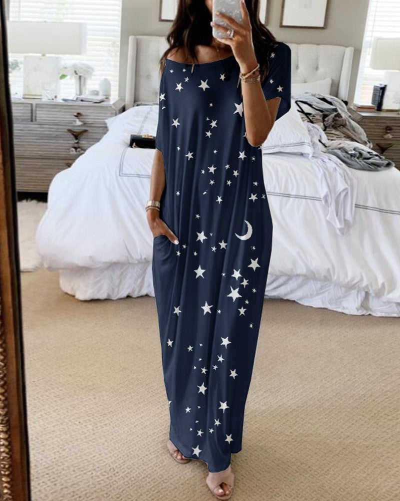 Casual Star & Moon Design Long Maxi Dresses-Dresses-Blue Star-S-Free Shipping at meselling99