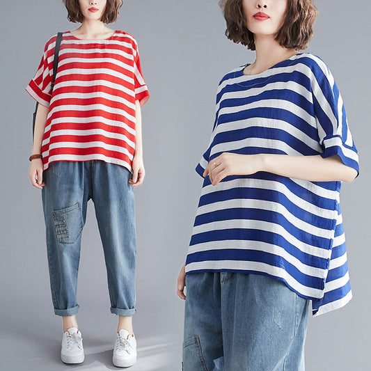Summer Striped Plus Sizes Women T Shirts-Shirts & Tops-Free Shipping at meselling99