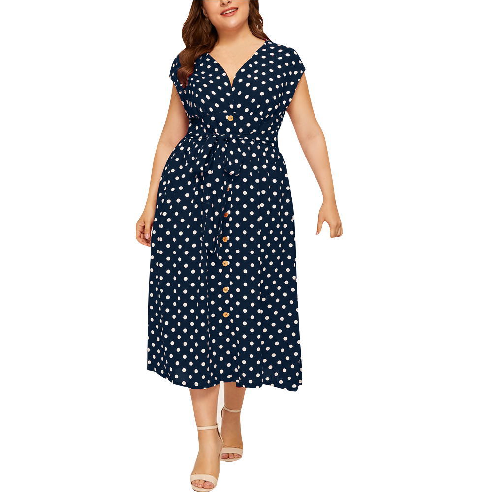 Women Plus Sizes Dot Print Summer Dresses-Dresses-Free Shipping at meselling99