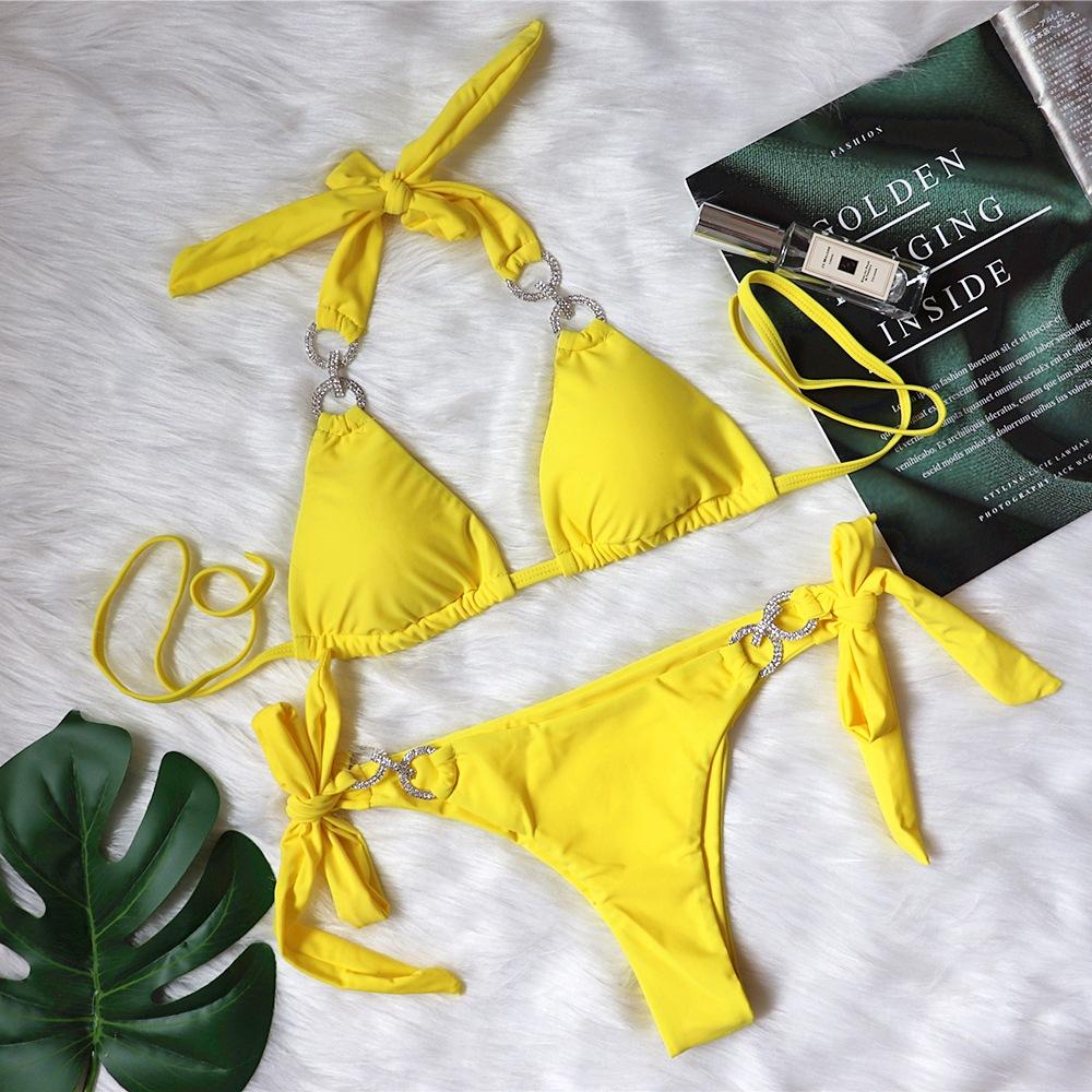 Sexy Rhinestone Women Summer Beach Bikni Swimsuits-Swimwear-Yellow-S-Free Shipping at meselling99