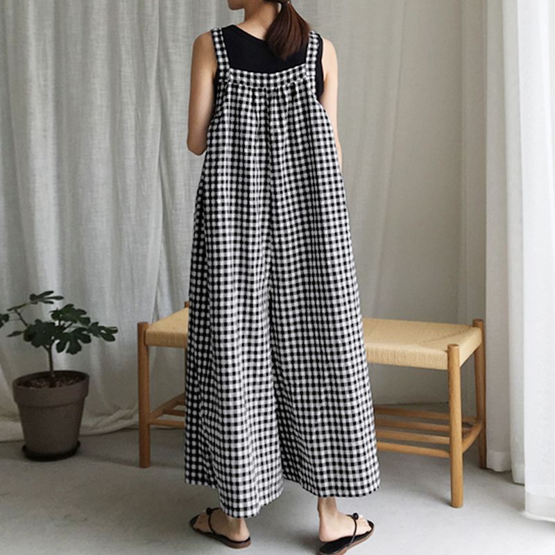 Vintage Women Plaid Loose Sleeveless Jumpsuits--Free Shipping at meselling99