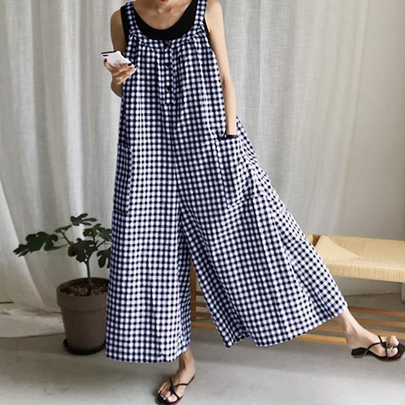 Vintage Women Plaid Loose Sleeveless Jumpsuits-Dark Blue-One Size-Free Shipping at meselling99