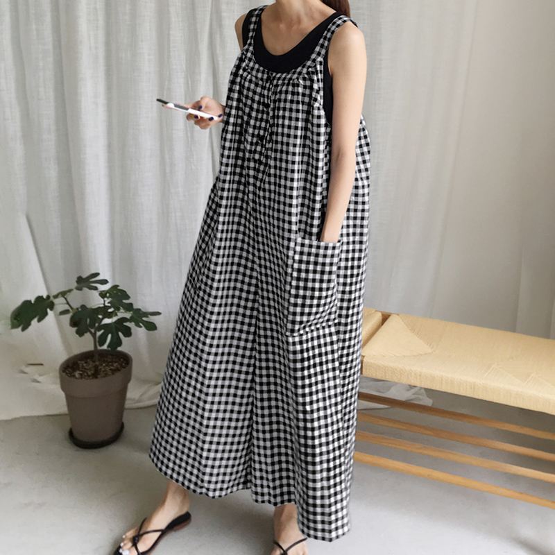 Vintage Women Plaid Loose Sleeveless Jumpsuits-Black-One Size-Free Shipping at meselling99