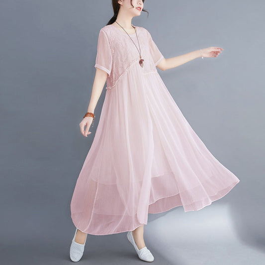 Summer Fairy Chiffon Women Plus Sizes Dresses-Dresses-Pink-XL-Free Shipping at meselling99