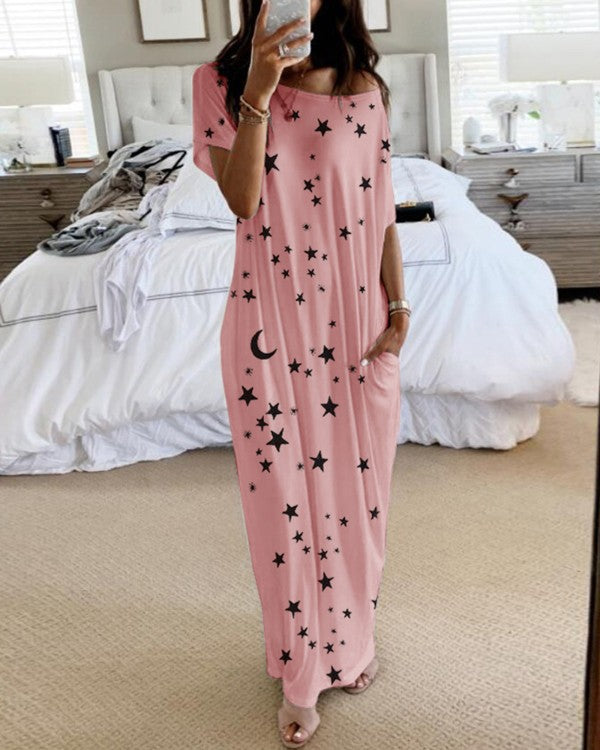 Casual Star & Moon Design Long Maxi Dresses-Dresses-Pink-S-Free Shipping at meselling99
