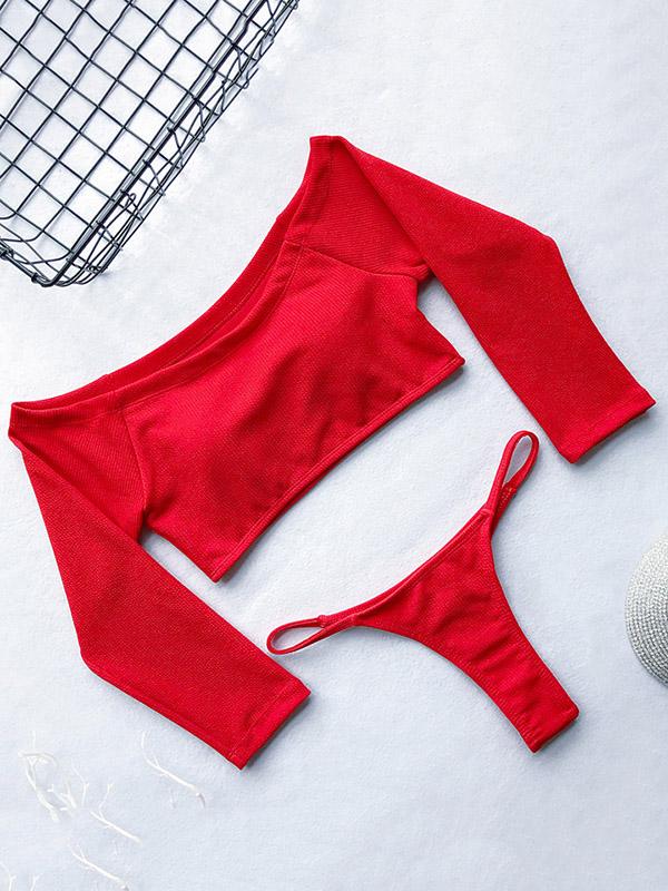 Meselling99 Off-The-Shoulder Ribbed Plain Tankini Swimsuit-Tankinis Swimwear-RED-S-Free Shipping at meselling99