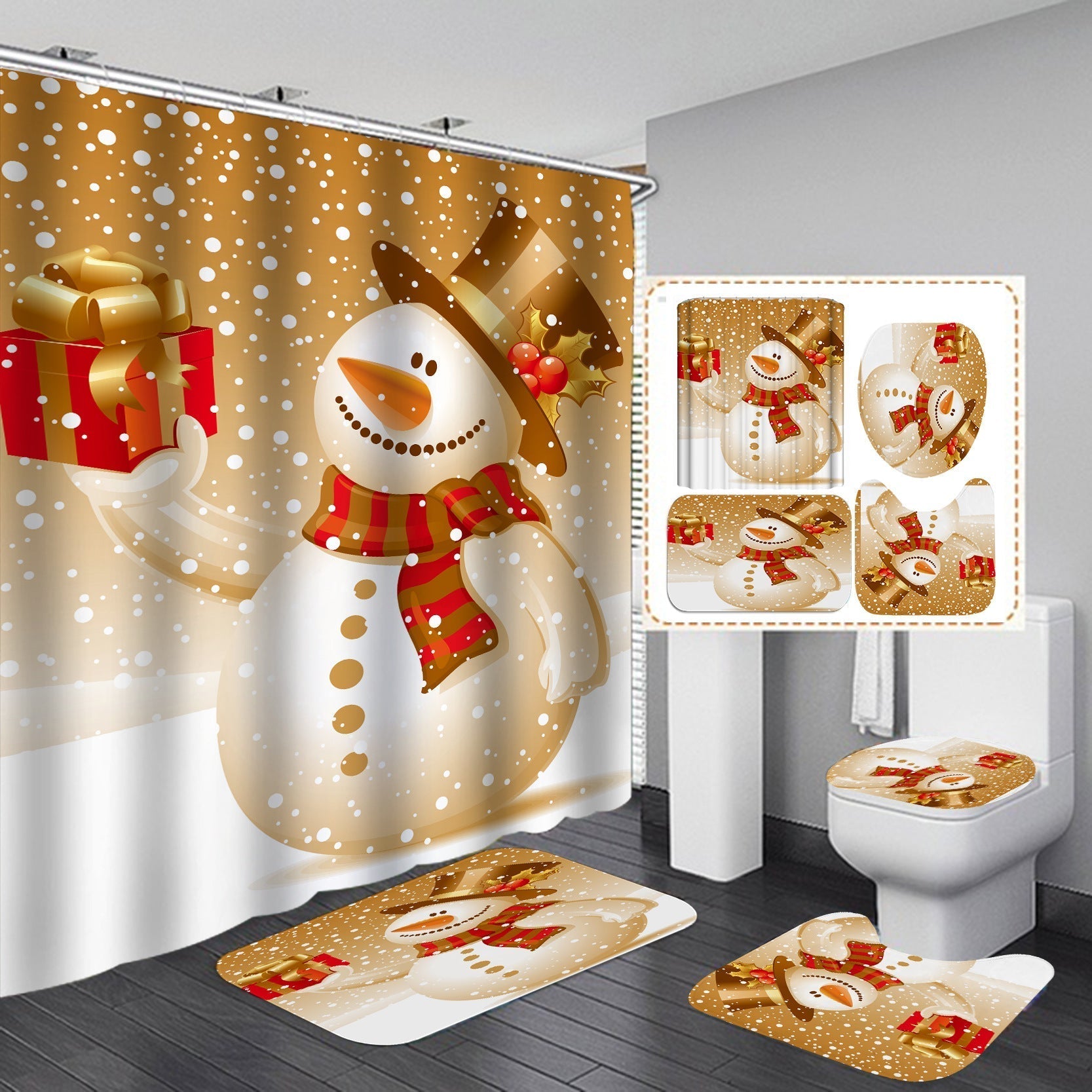 Christmas Dec Shower Curtain Bathroom Rug Set Bath Mat Non-Slip Toilet Lid Cover-Shower Curtain-180×180cm Shower Curtain Only-2-Free Shipping at meselling99