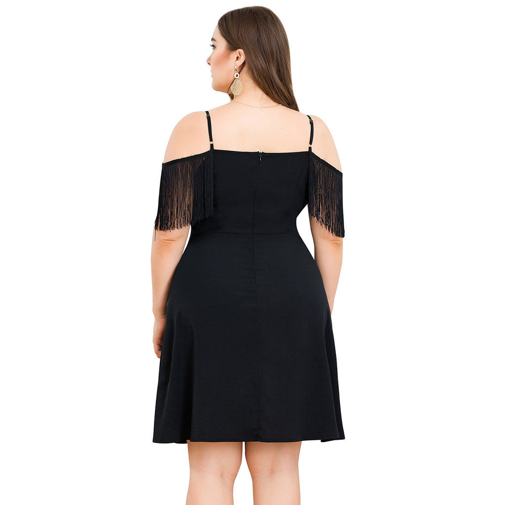 Sexy Tassle V Neck Summer Black Plus Sizes Dresses-Plus Size Dresses-Free Shipping at meselling99