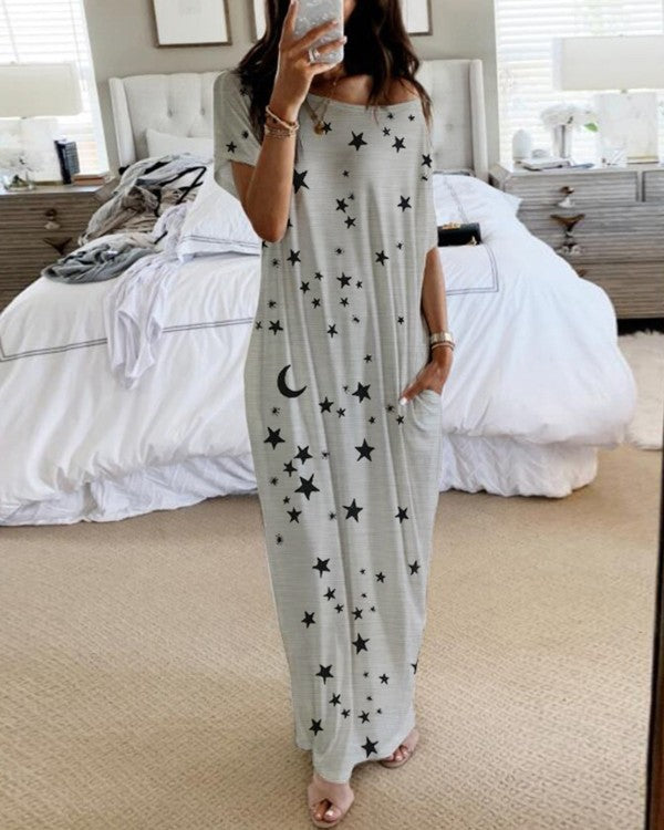 Casual Star & Moon Design Long Maxi Dresses-Dresses-Light Gray-S-Free Shipping at meselling99