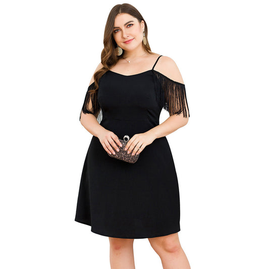 Sexy Tassle V Neck Summer Black Plus Sizes Dresses-Plus Size Dresses-Black-XL-Free Shipping at meselling99