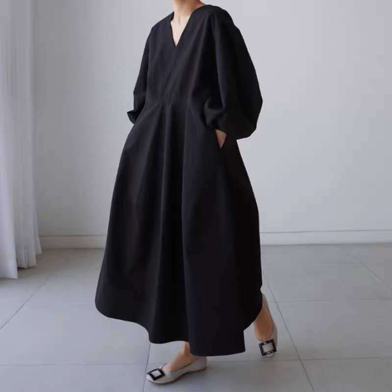 Women Loose Midi Length Casual Fall Dresses-Cozy Dresses-Black-S-Free Shipping at meselling99