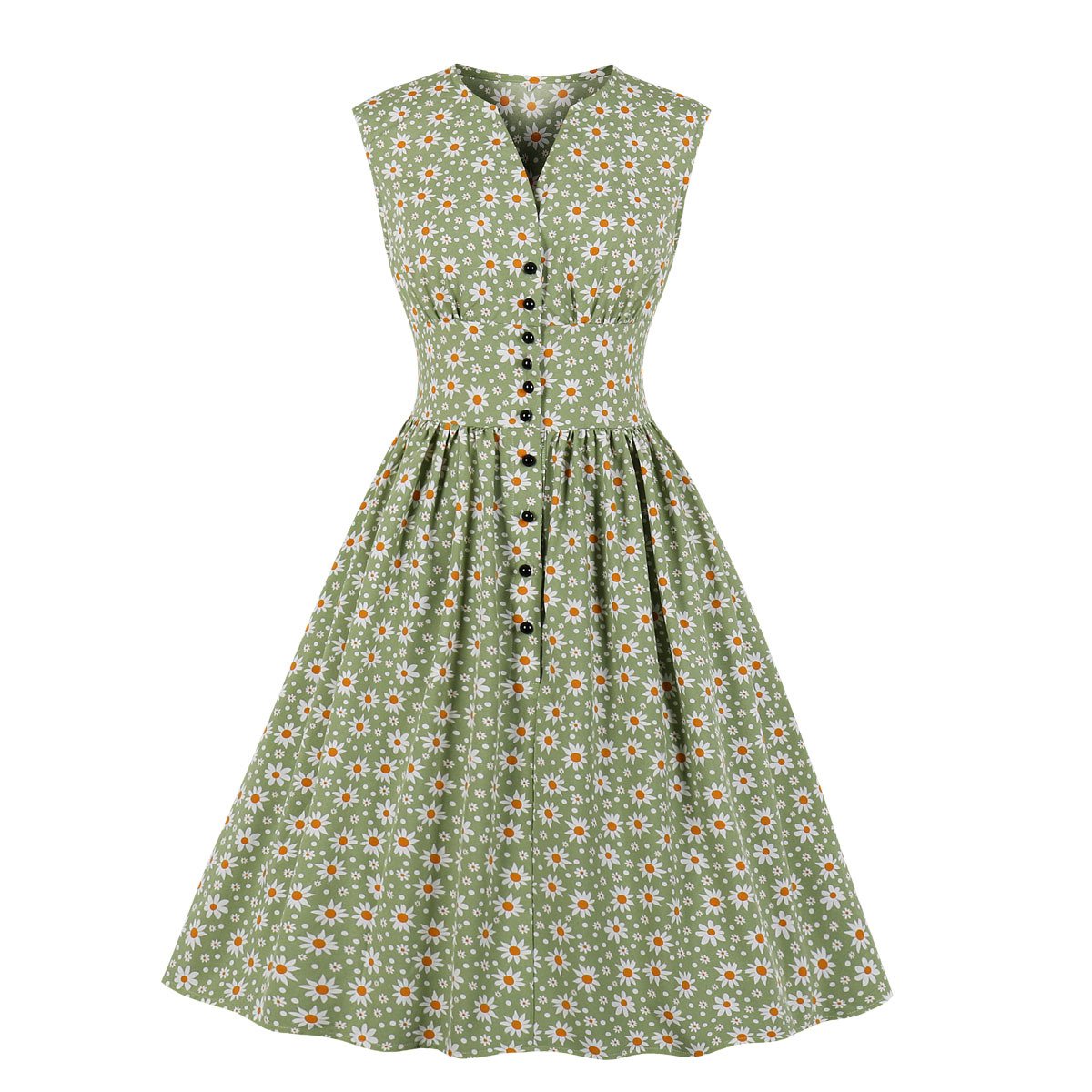 Summer Sleevess Retro Floral Print Women Dresses-Light Green-S-Free Shipping at meselling99