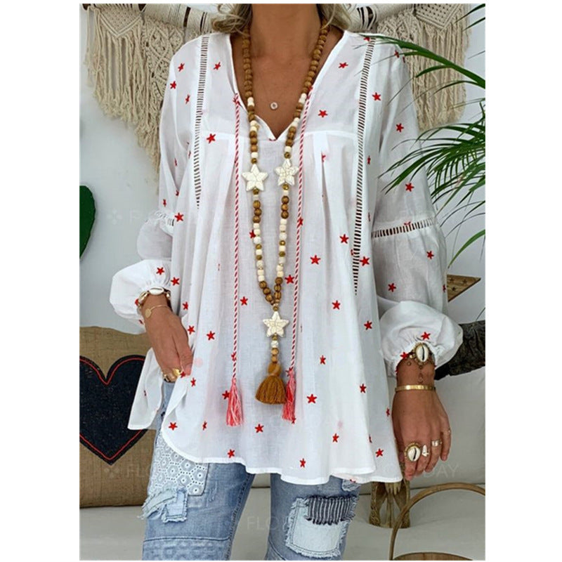 Women Summer Floral Print Plus Size Lace Blouses-White-M-Free Shipping at meselling99