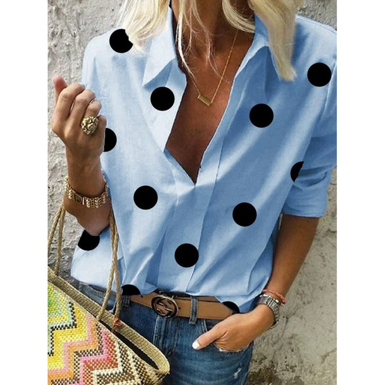 Summer Dot Print Long Sleeves Plus Size Women Shirts-Women Shirts-Light Blue-S-Free Shipping at meselling99