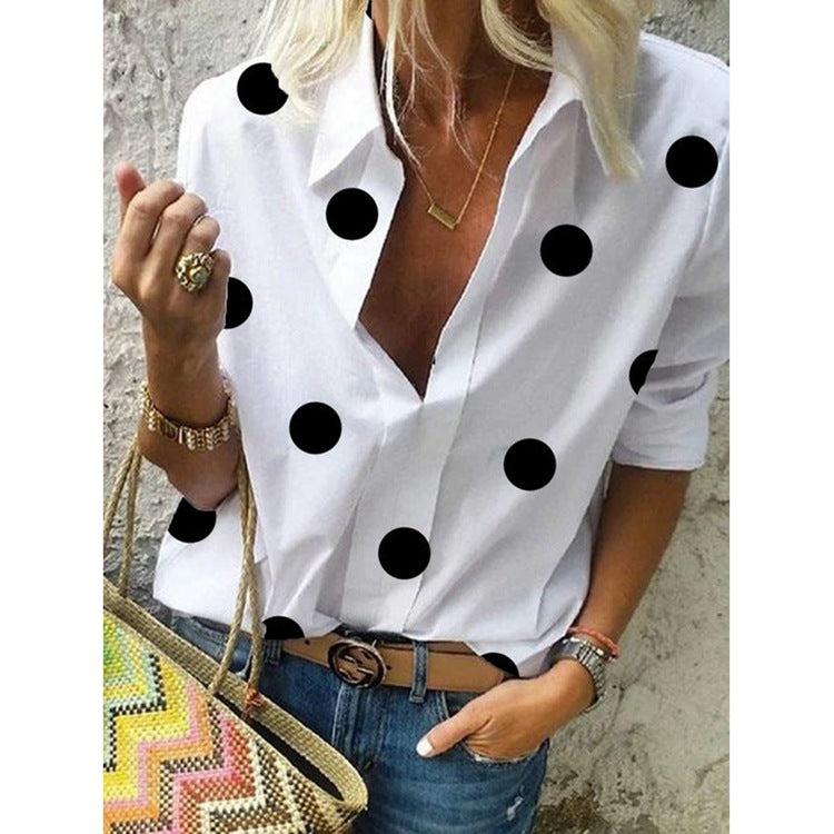 Summer Dot Print Long Sleeves Plus Size Women Shirts-Women Shirts-White-S-Free Shipping at meselling99