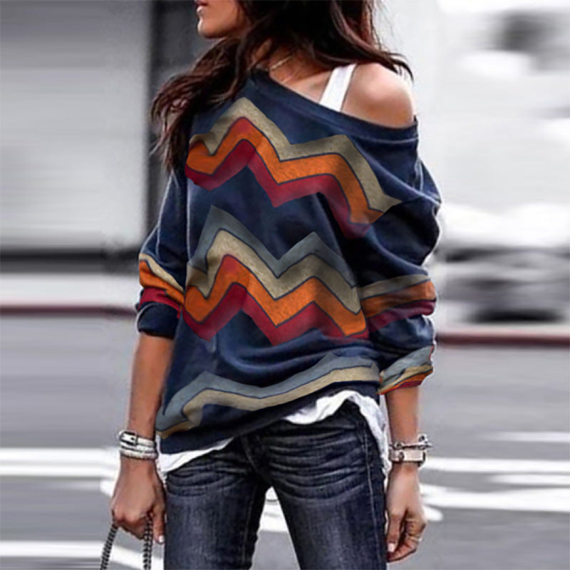 Fashion One Shoulder Striped Long Sleeves Shirts-T-shirts-Blue-S-Free Shipping at meselling99