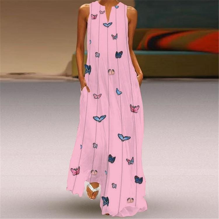 Women Bohemia Butterfly Floral Print V Neck Sleeveless Long Dress-Maxi Dresses-Pink-S-Free Shipping at meselling99