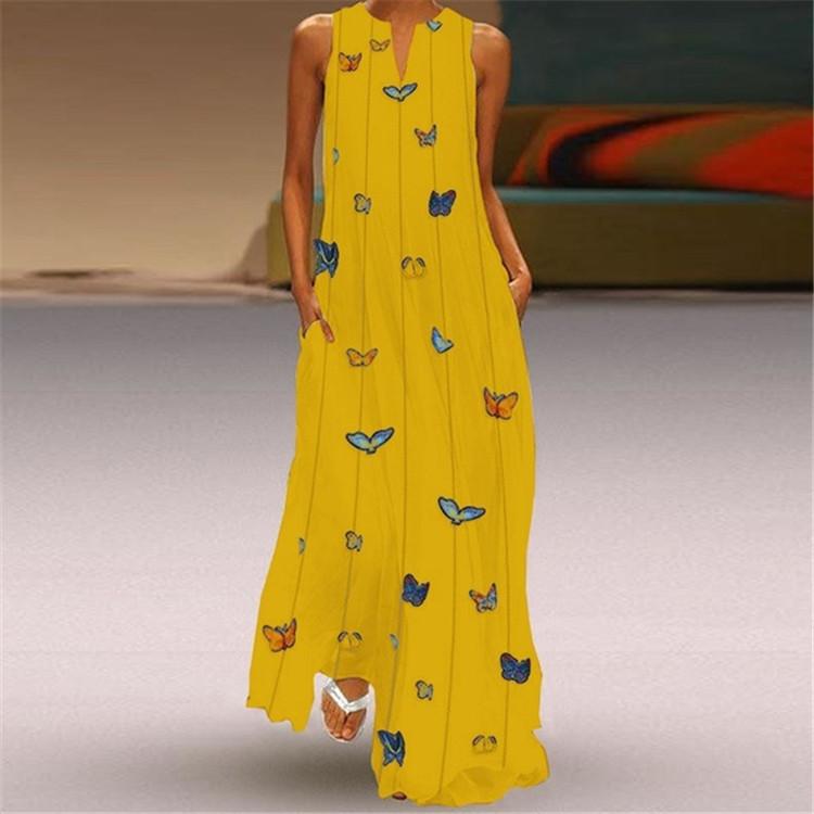 Women Bohemia Butterfly Floral Print V Neck Sleeveless Long Dress-Maxi Dresses-Yellow-S-Free Shipping at meselling99