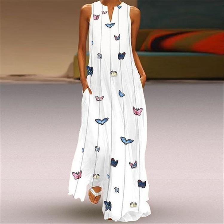 Women Bohemia Butterfly Floral Print V Neck Sleeveless Long Dress-Maxi Dresses-White-S-Free Shipping at meselling99