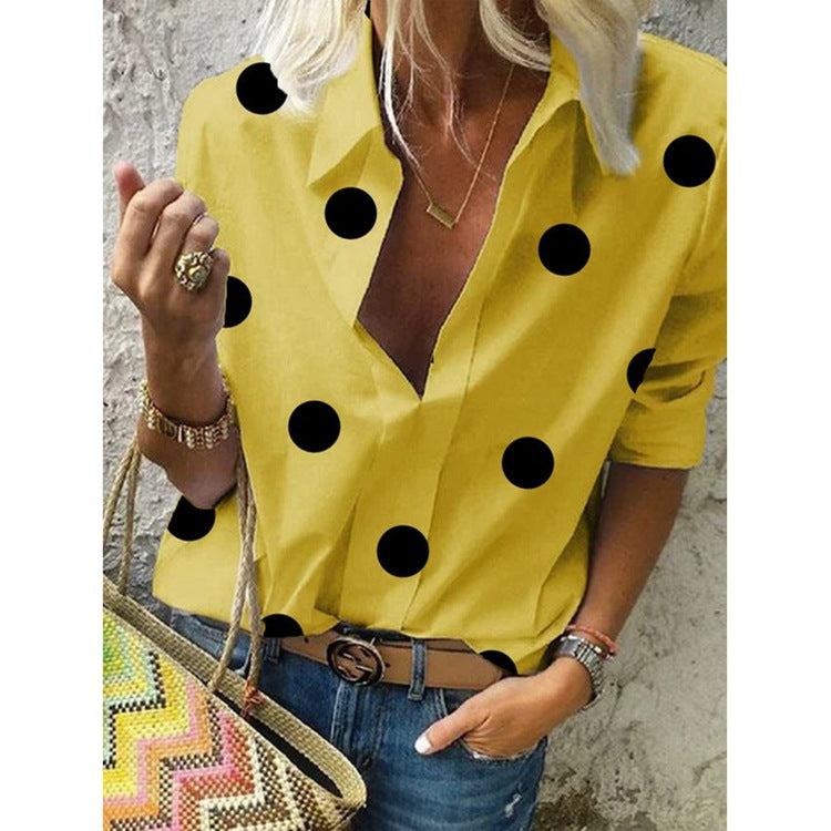 Summer Dot Print Long Sleeves Plus Size Women Shirts-Women Shirts-Yellow-S-Free Shipping at meselling99