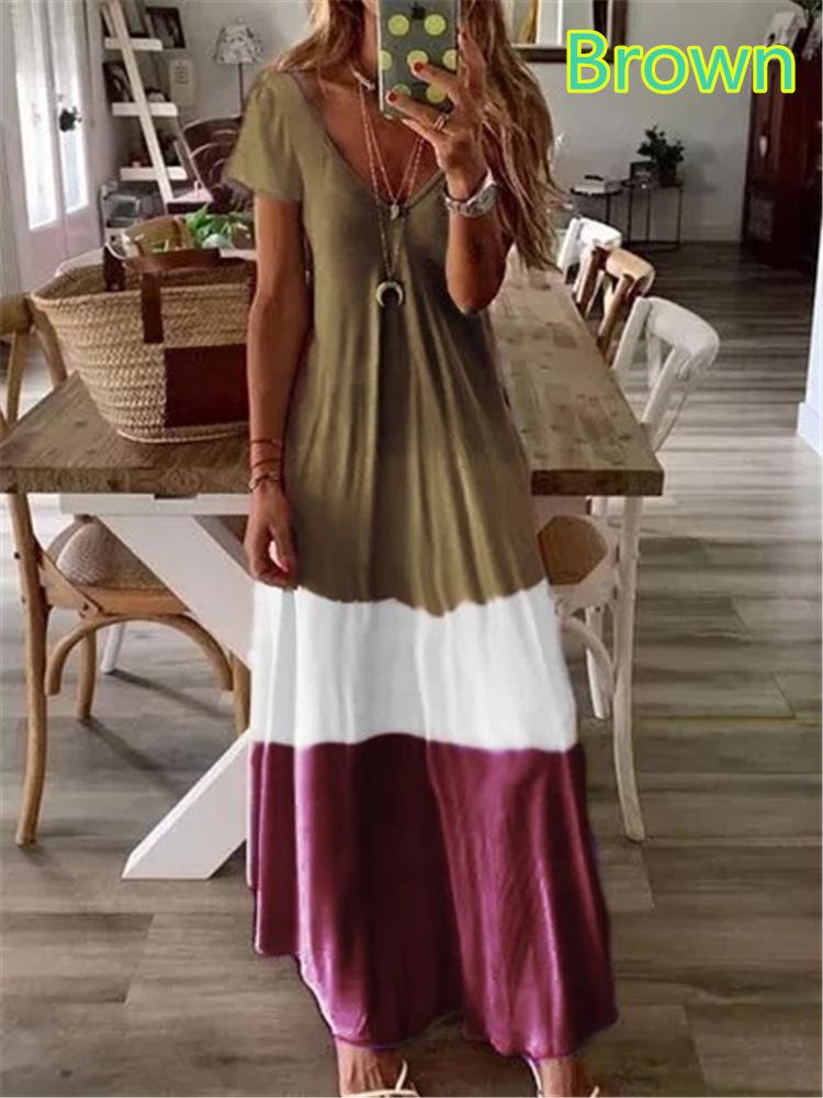 Summer Women Short Sleeves Loose Bohemiad Dresses-Brown-S-Free Shipping at meselling99