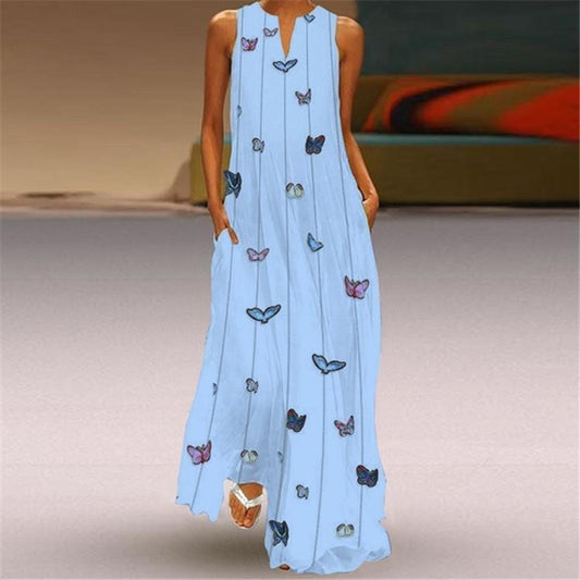 Women Bohemia Butterfly Floral Print V Neck Sleeveless Long Dress-Maxi Dresses-Light Blue-S-Free Shipping at meselling99