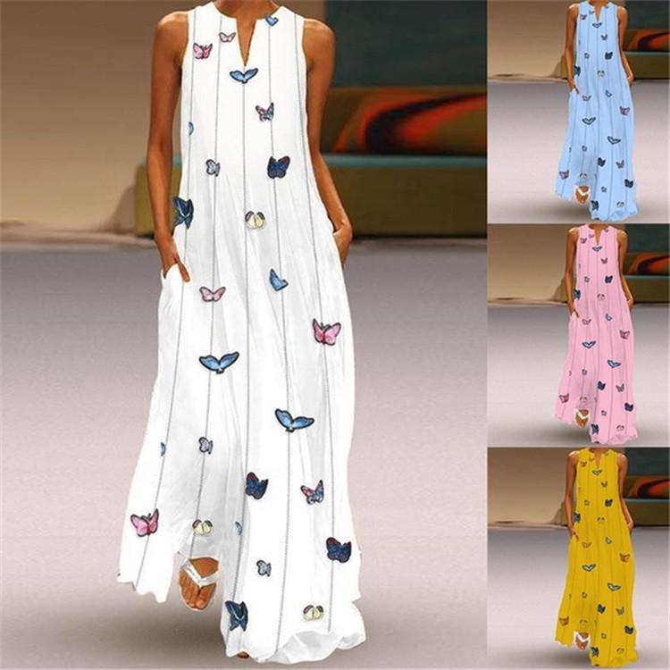 Women Bohemia Butterfly Floral Print V Neck Sleeveless Long Dress-Maxi Dresses-Free Shipping at meselling99