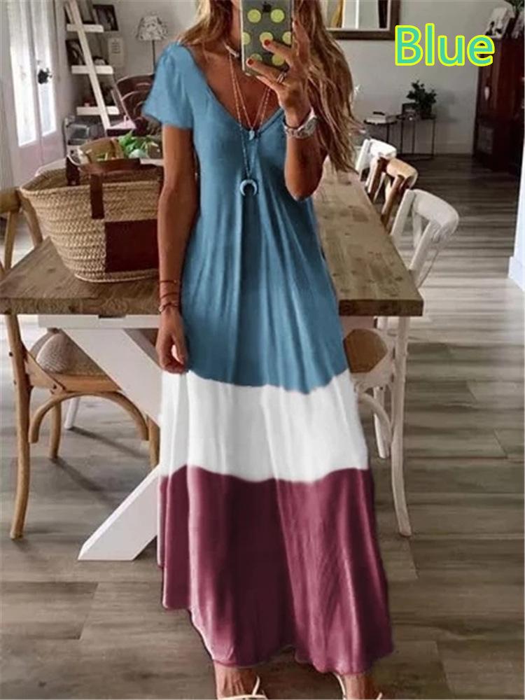 Summer Women Short Sleeves Loose Bohemiad Dresses-Blue-S-Free Shipping at meselling99