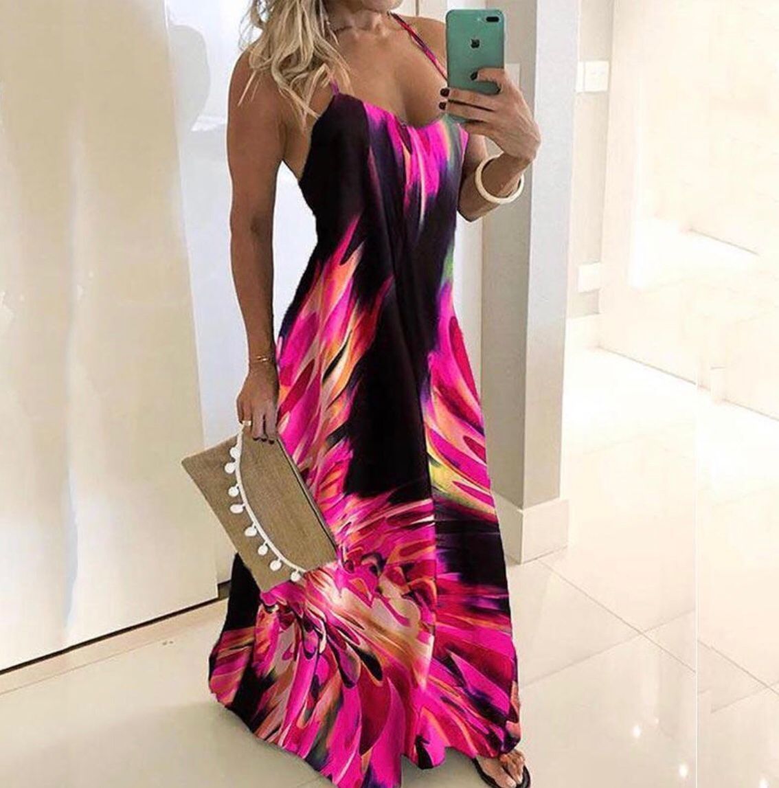 Slim Fit Printed Camisole Long Dress-Maxi Dresses-S-2-Free Shipping at meselling99