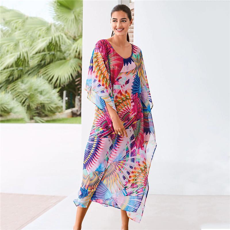 Meselling99 Chiffon printed loose robe beach sunscreen shirt-cover up-Free size-Free Shipping at meselling99