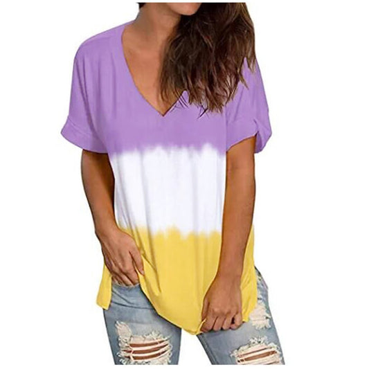 Summer Loose Dyed V Neck T Shirts-T-shirts-2-S-Free Shipping at meselling99