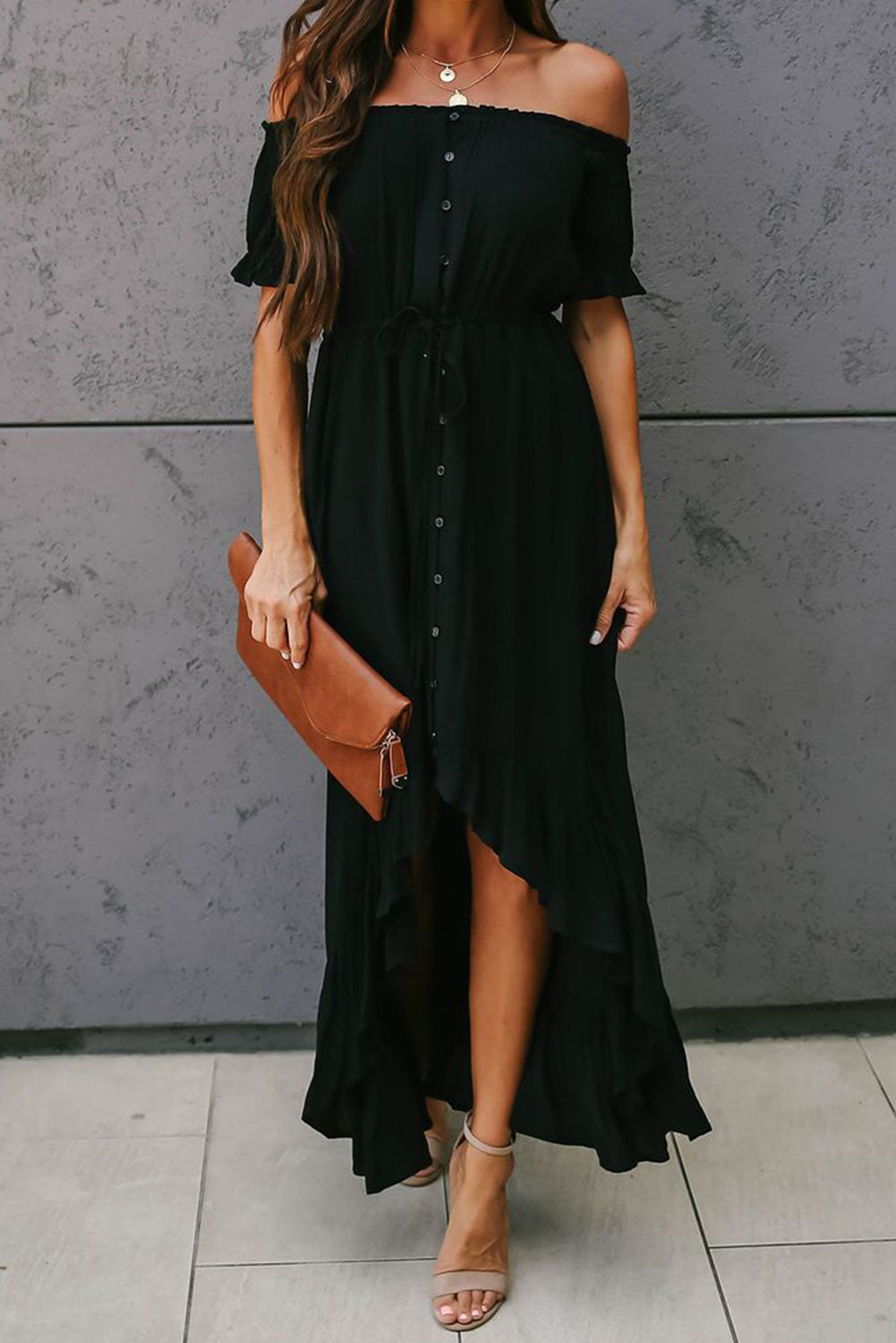 Black Glaze High Low Off The Shoulder Maxi Dress-Maxi Dresses-Black-(US 4-6)S-Free Shipping at meselling99
