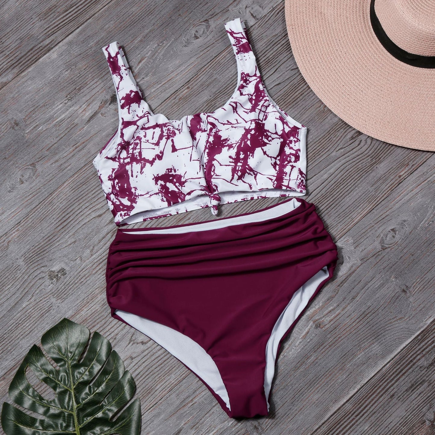 Sexy Leopard Two Pieces Bikini Swimsuits-Swimwear-Wine Red-S-Free Shipping at meselling99