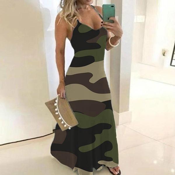 Plus Sizes Camouflage Women Long Dresses-Maxi Dresses-Green-S-Free Shipping at meselling99
