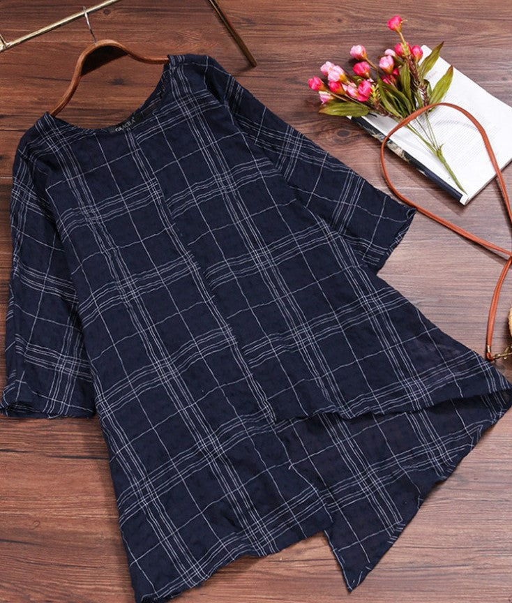 Casual Summer Linen Loose Women Blouses-Shirts & Tops-Navy Blue-S-Free Shipping at meselling99