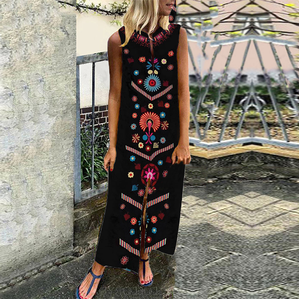 Plus Size Casual Floral Print Long Dresses-Maxi Dresses-Black-S-Free Shipping at meselling99