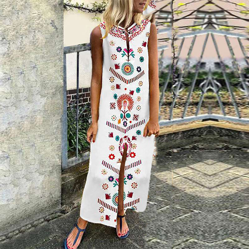 Plus Size Casual Floral Print Long Dresses-Maxi Dresses-White-S-Free Shipping at meselling99