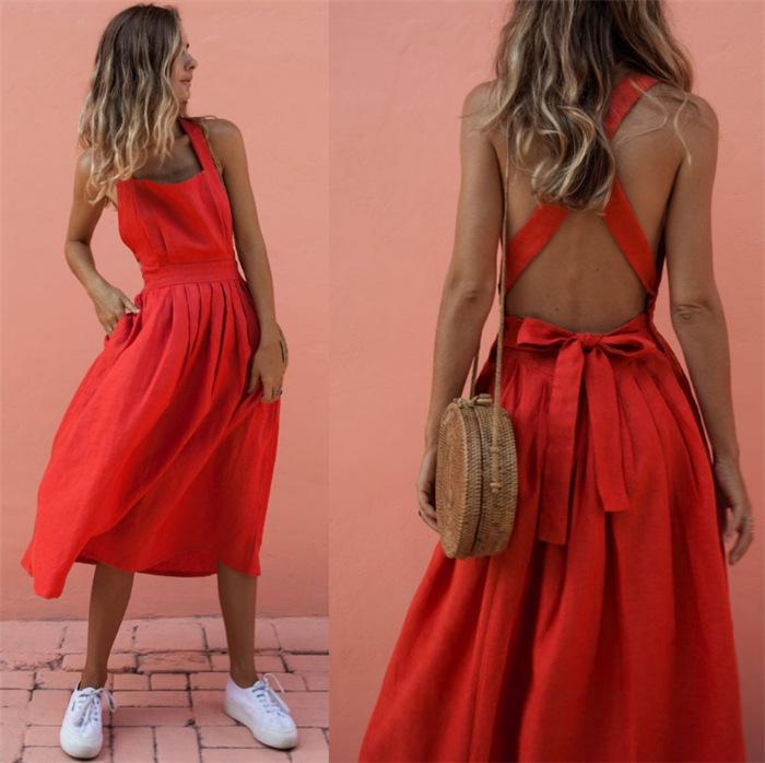 Red Women Strps Midi Length Dresses-Midi Dresses-Free Shipping at meselling99