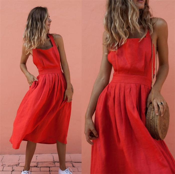 Red Women Strps Midi Length Dresses-Midi Dresses-Red-S-Free Shipping at meselling99