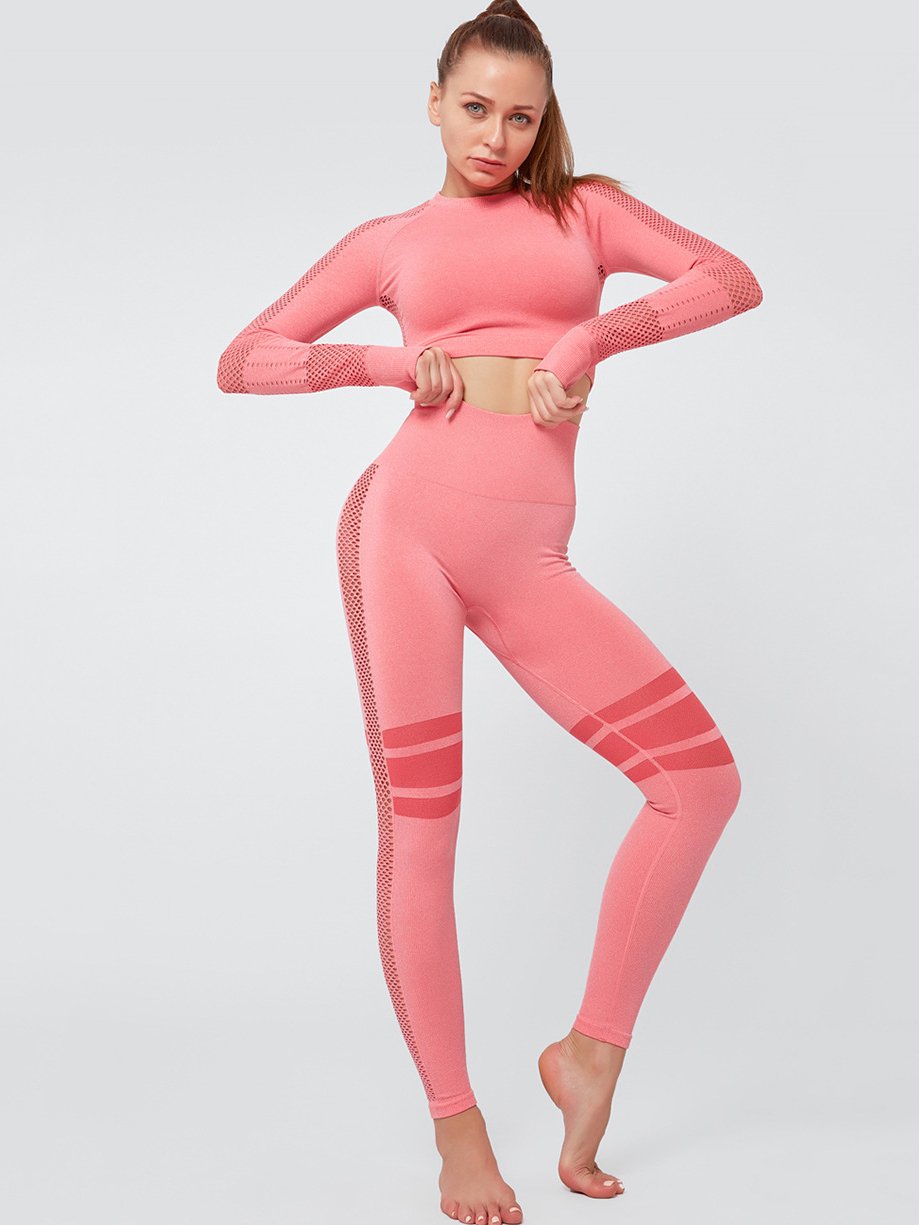 Meselling99 Mesh Hollow Striped Bare Midriff Yoga Suits-Yoga&Gym Suits-LIGHT PINK-S-Free Shipping at meselling99