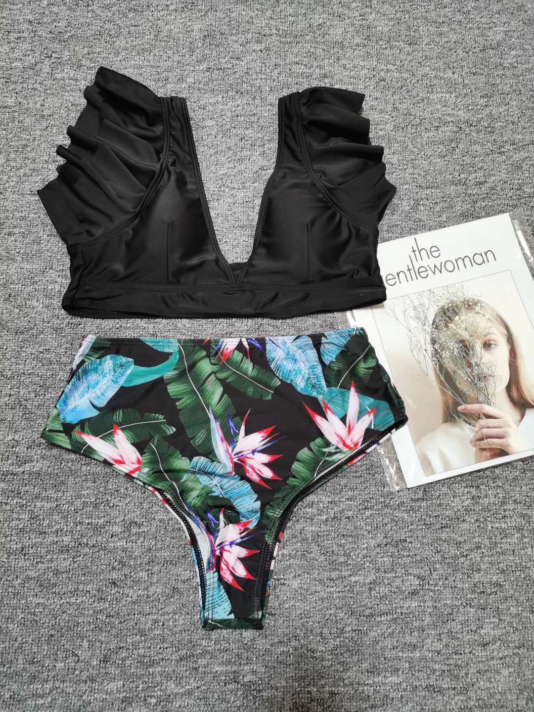 Women High Waist Ruffled Floral Print Tankini Swimwear-Black-S-Free Shipping at meselling99