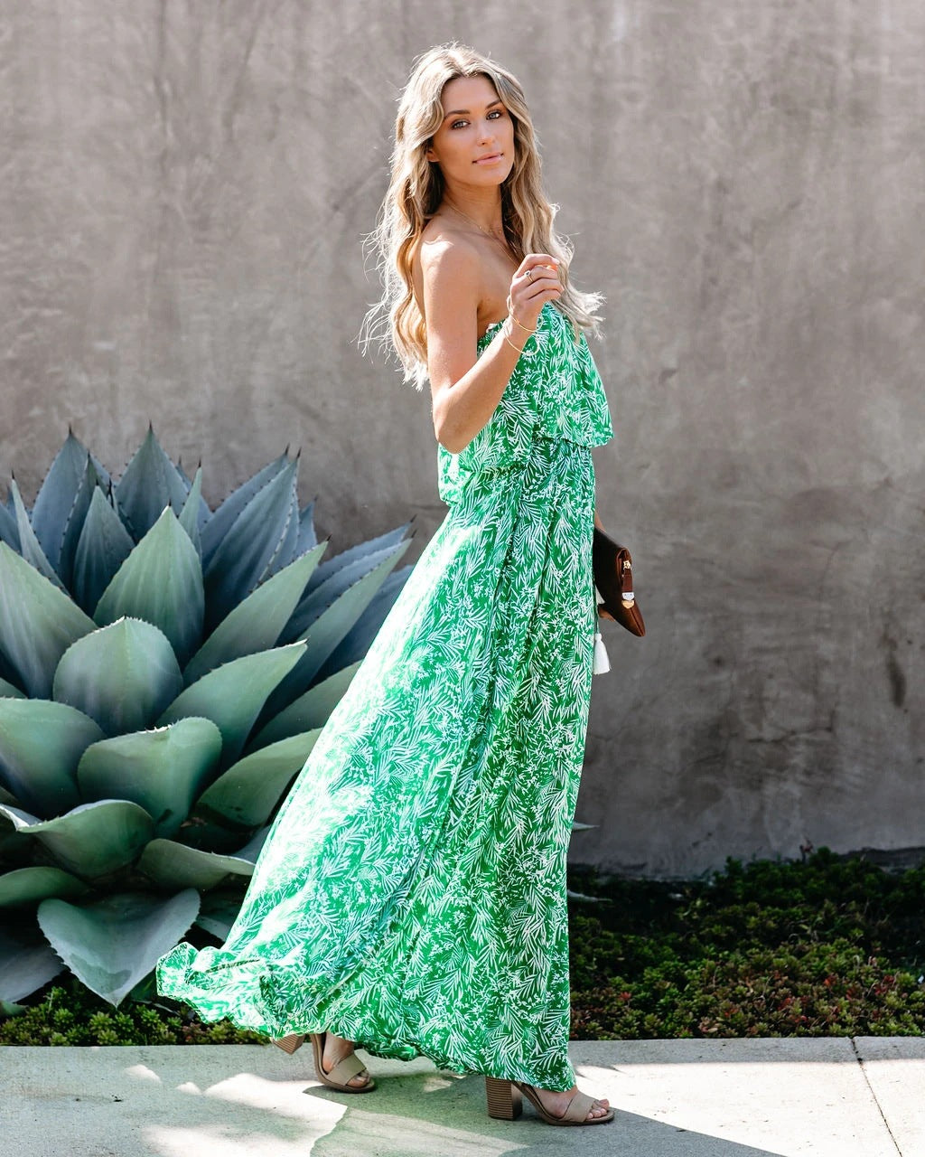 Green Leaf Print Strapless Ruffled Long Dresses-Maxi Dresses-Free Shipping at meselling99