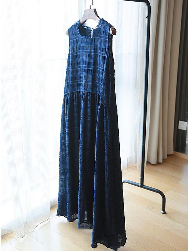Meselling99 Original Solid Plaid Sleeveless Dress-Maxi Dress-BLUE-FREE SIZE-Free Shipping at meselling99