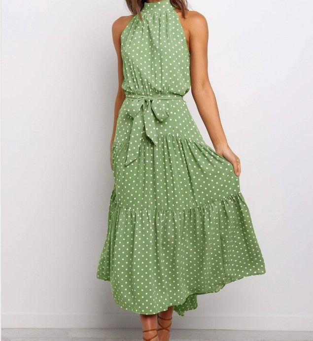 Leisure Halter Dot Long Dresses-Maxi Dresses-Green-S-Free Shipping at meselling99